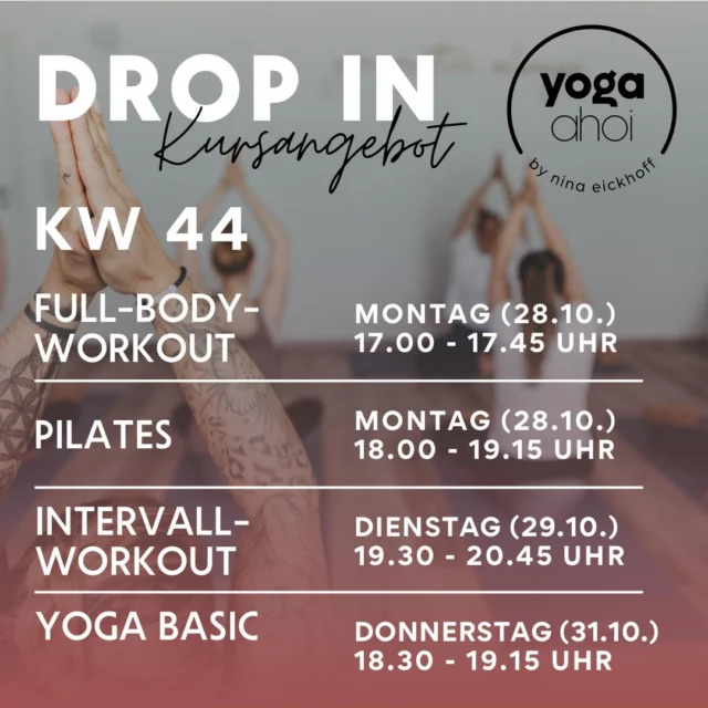 ✨ Ab auf die Matte ✨

🚨 Intervall Workout findet am Dienstag, 29.10. von 19.30 - 20.15 Uhr statt 🚨

Nächste Woche findet das erste mal Intervall-Workout bei uns statt. Sei schnell und sicher dir einen der ersten Plätze in diesem tollen Kurs 💪

Wie immer findet ihr den Kursplan auf meiner Webseite. Dort könnt ich euch ganz einfach für euren Lieblingskurs anmelden!

Wir freuen uns auf euch 🩵

#yoga #yogastudio #yogalehrerin #intervallworkout #fullbodyworkout #pilates #yogalover #fitness #fitnessmotivation #celle #wietze #heidekreis #winsenaller