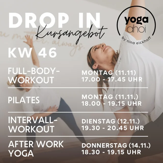 Move your body ✨

Nächste Woche warten wieder tolle Drop in Klassen auf dich 💪🧘🏼‍♀️

Meld dich schnell an um einen der wenigen Plätze zu bekommen. 
👉 https://yogaahoi.com/kursplan/

Den Link zum Kursplan findest du auch meiner Bio ⬆️

Wir freuen uns auf dich 🩵

#yoga #fitness #workout #fitnessinspiration #workoutmotivation #yogakurs #intervalltraining #pilates #pilatesinstructor #fullbodyworkout #afterworkyoga #fitnesslover #wietze #hambühren #winsenaller #celle